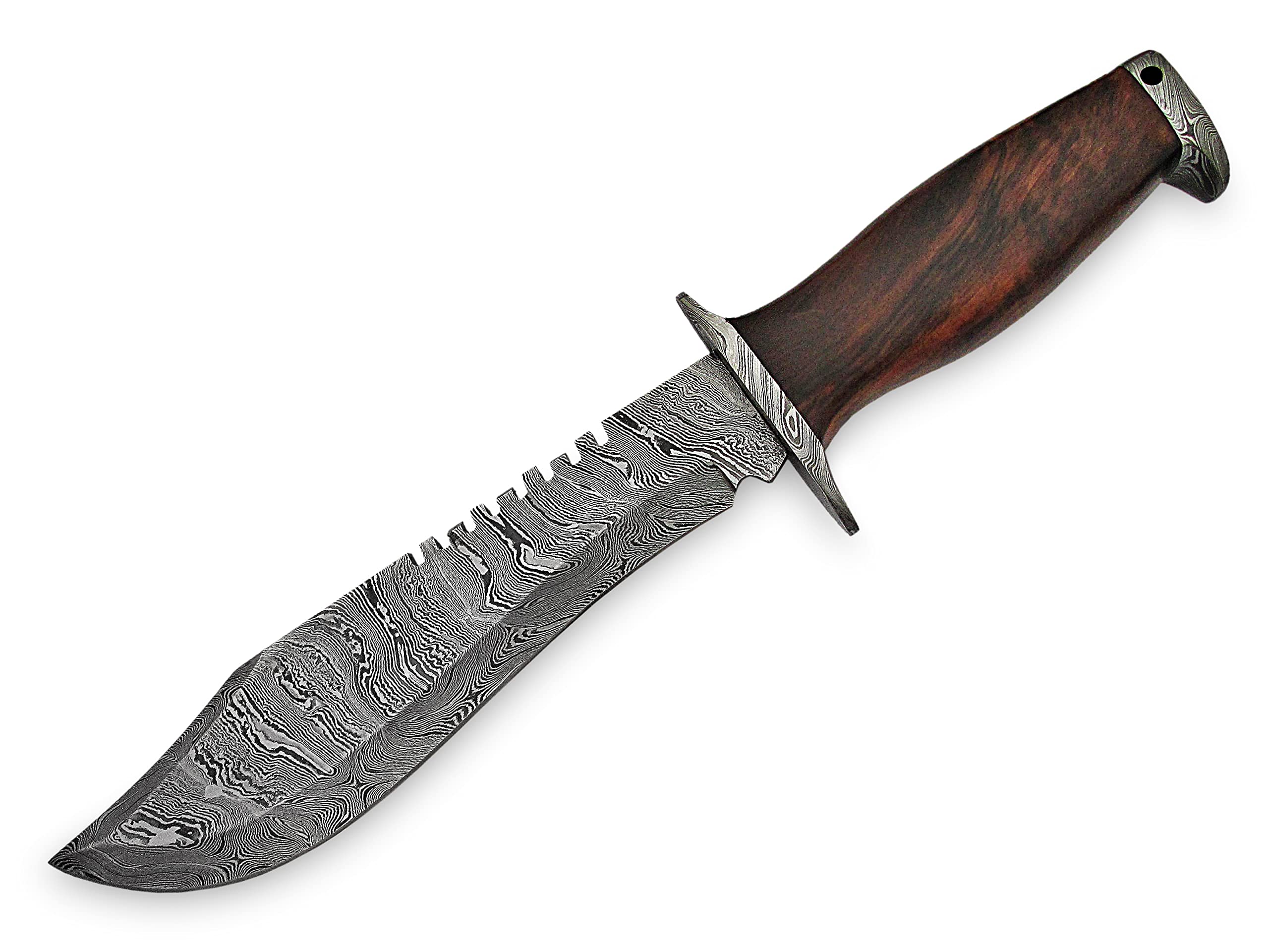 SFG - 13" Fixed Blade Hunting Bowie Knife, Damascus Steel Blade, Non-Slip Walnut Wood Handle, Lanyard Hole, Hunting, Camping, Backpacking, Fishing, Unique Gift Item For Him