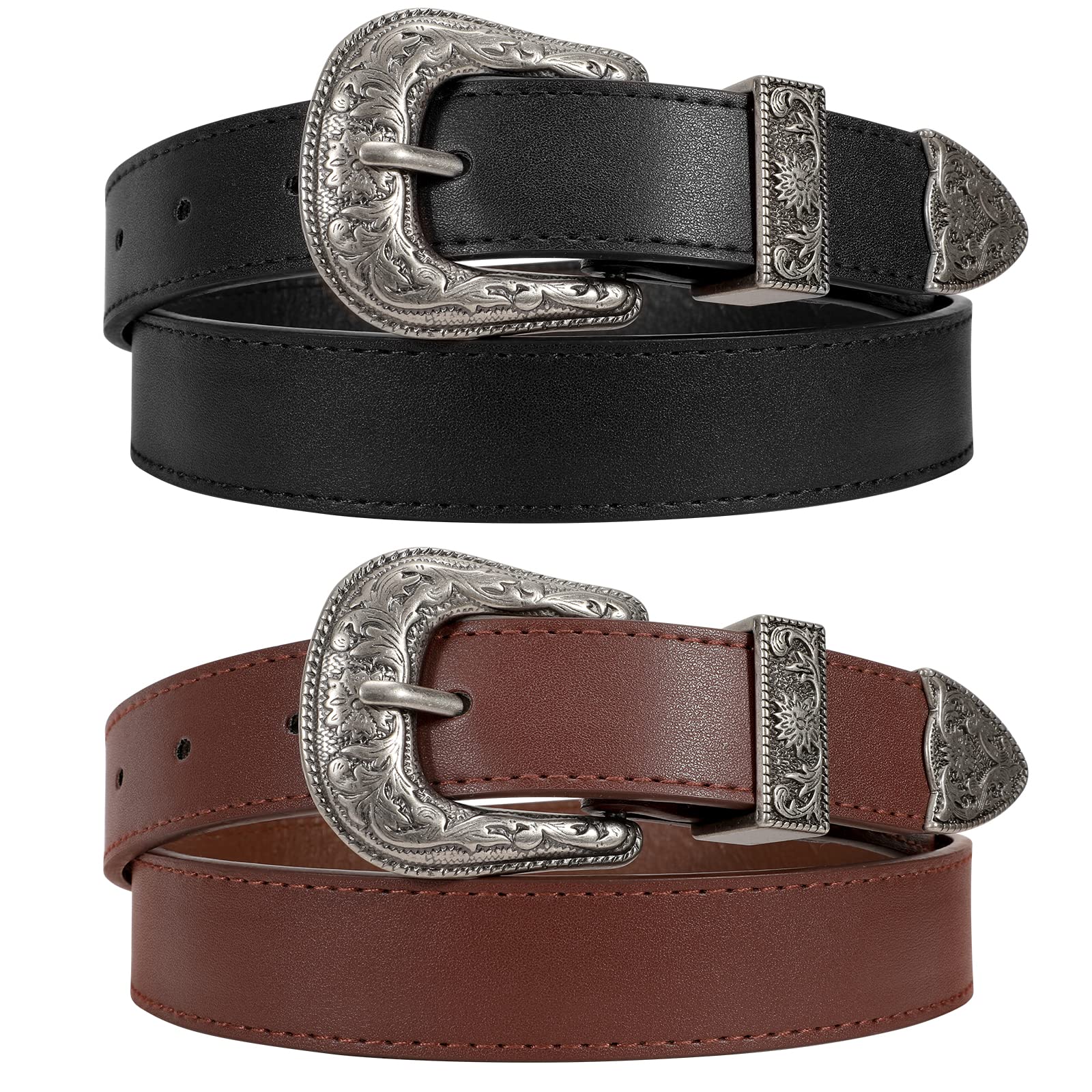 SUOSDEY 2Pack Women's Leather Belts for Jeans Dresses Belt with Vintage Metal Buckle Belt for Women