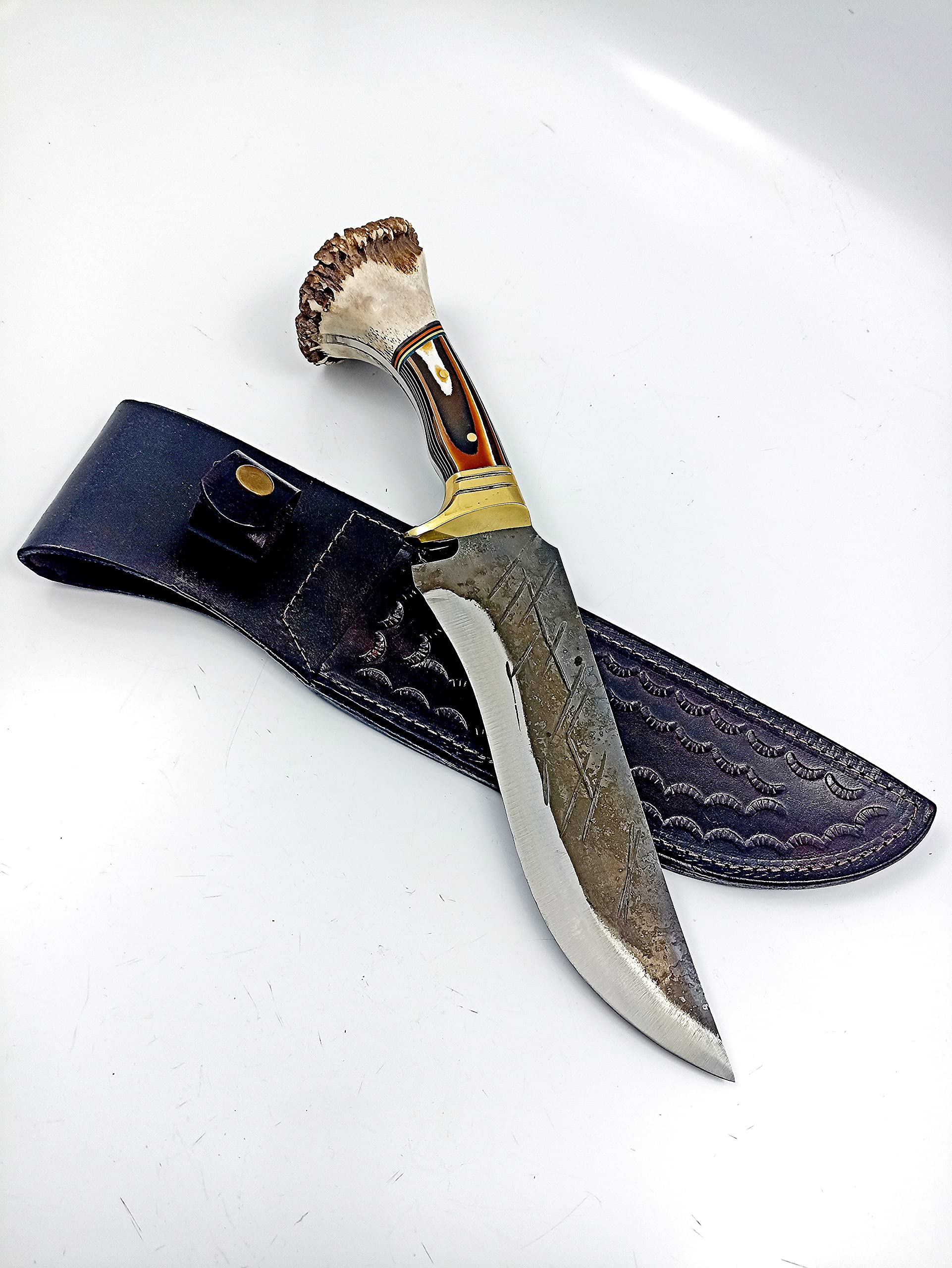 Antler Bowie Knife , 5160 Forged Steel Hunting Knife with Leather Case , Survival Knife , Camping Knife , Tactical Fixed Blade Knife , Collectible Knife , Collectors Knife