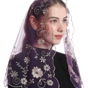 Bozidol Catholic Church Mass Veil Spanish Chapel Lace Mantilla Veil Religious Velos para ir a la Iglesia (Purple-Gold)