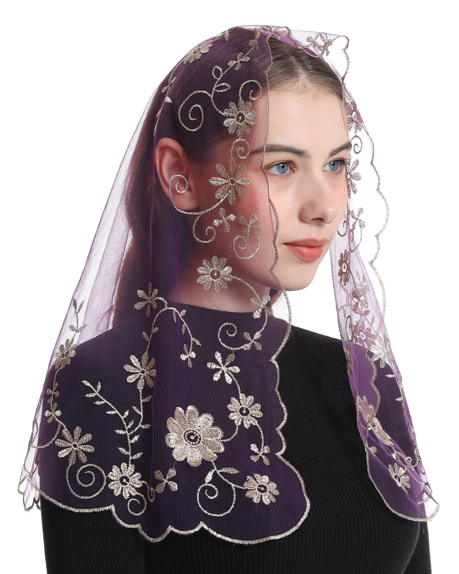 Bozidol Catholic Church Mass Veil Spanish Chapel Lace Mantilla Veil Religious Velos para ir a la Iglesia (Purple-Gold)