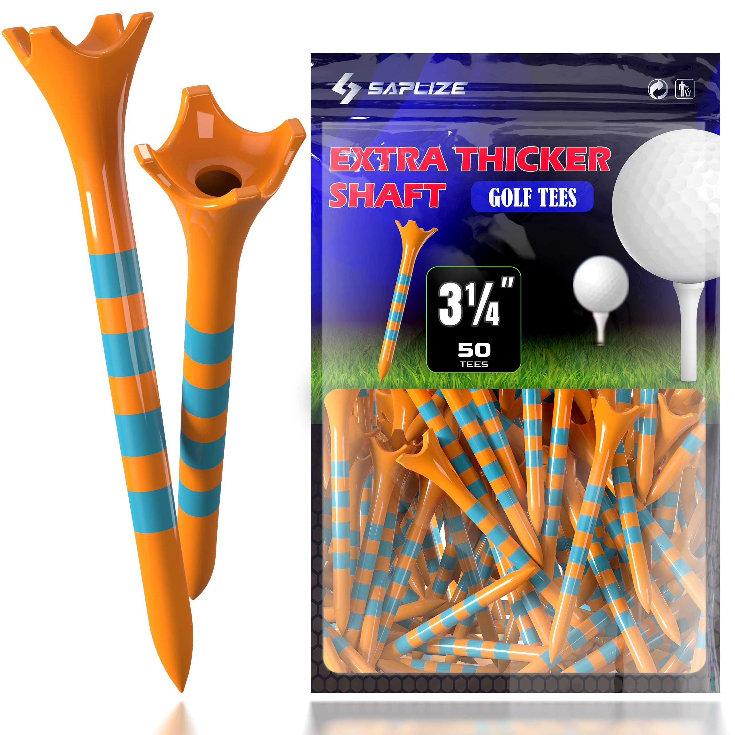 SAPLIZE Reinforced Thick Plastic Golf Tees 50 Pack (3-1/4"), More Stable Golf Tees, Reduce Friction & Side Golf Plastic Tees, Orange