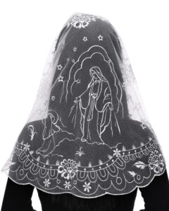 bozidol catholic mantilla chapel veil spanish religious prayer veil lace church head covering with hair clips (white)