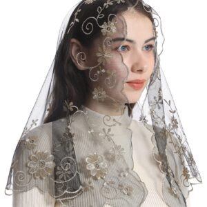 Bozidol Catholic Church Mass Veil Spanish Chapel Lace Mantilla Veil First Communion Head Covering for Girls (Black-Gold)