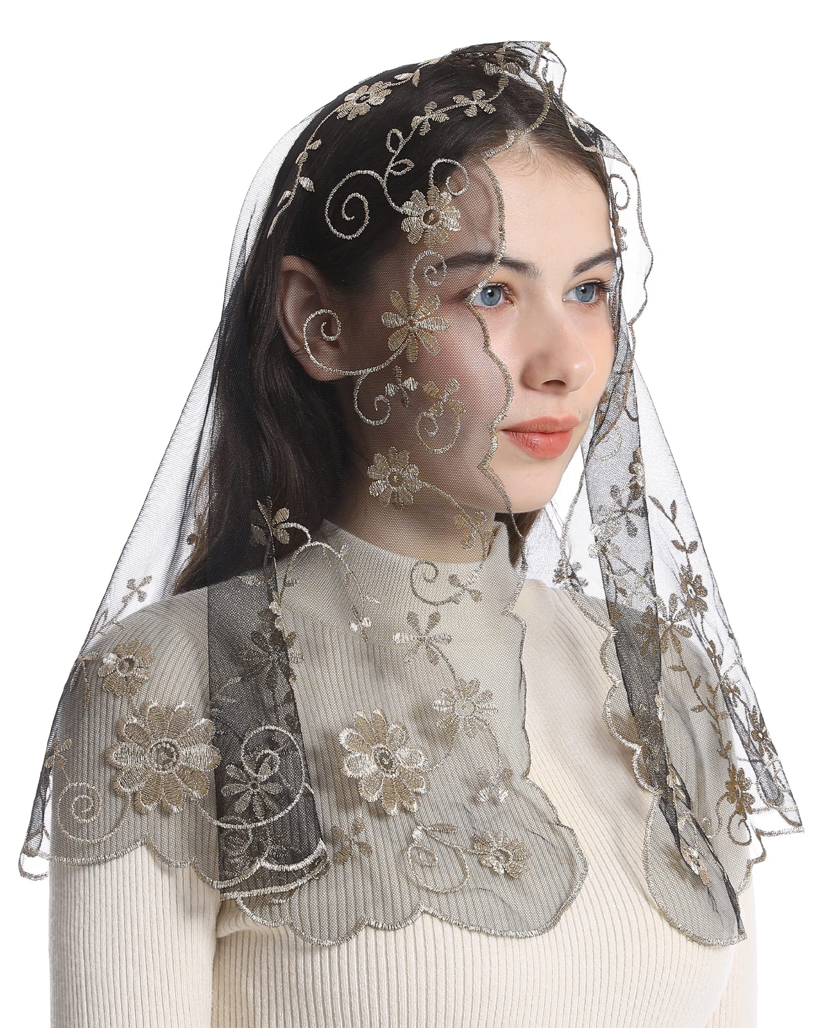 Bozidol Catholic Church Mass Veil Spanish Chapel Lace Mantilla Veil First Communion Head Covering for Girls (Black-Gold)