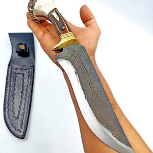 Antler Bowie Knife , 5160 Forged Steel Hunting Knife with Leather Case , Survival Knife , Camping Knife , Tactical Fixed Blade Knife , Collectible Knife , Collectors Knife