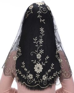 bozidol catholic church mass veil spanish chapel lace mantilla veil first communion head covering for girls (black-gold)