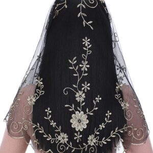 Bozidol Catholic Church Mass Veil Spanish Chapel Lace Mantilla Veil First Communion Head Covering for Girls (Black-Gold)