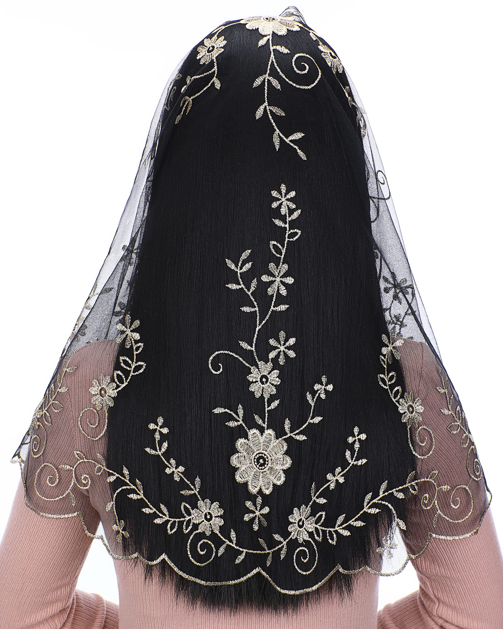 Bozidol Catholic Church Mass Veil Spanish Chapel Lace Mantilla Veil First Communion Head Covering for Girls (Black-Gold)