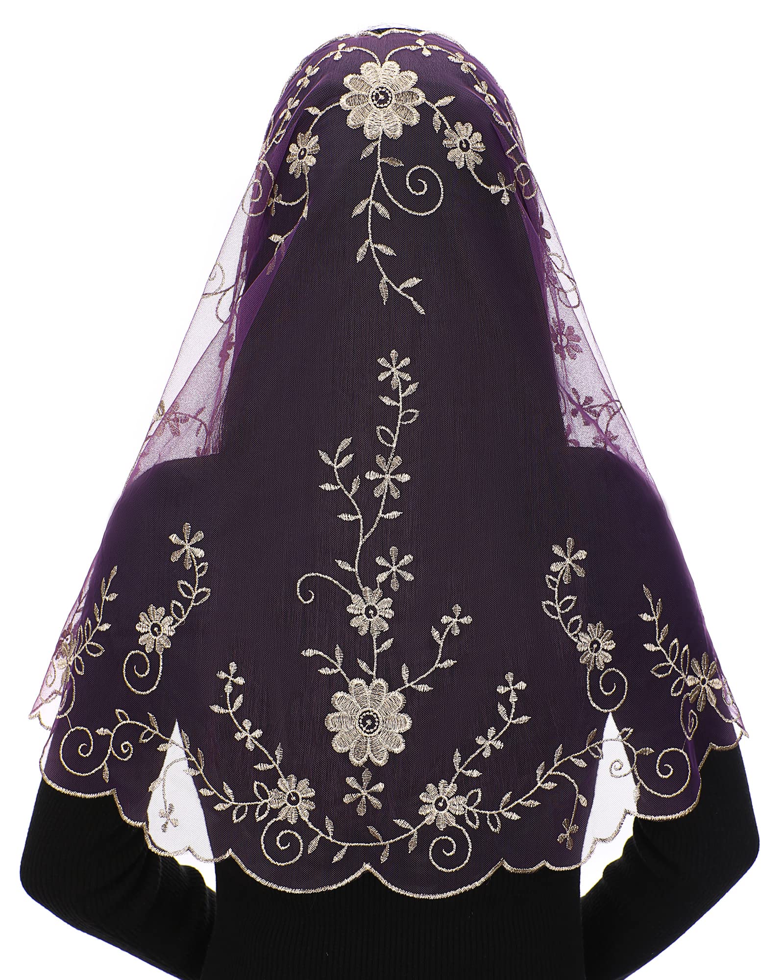 Bozidol Catholic Church Mass Veil Spanish Chapel Lace Mantilla Veil Religious Velos para ir a la Iglesia (Purple-Gold)