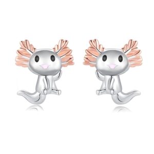 925 Sterling Silver Axolotl Earrings for Women - Axolotl Stud Earrings Animal Hypoallergenic Studs Mexican Salamander Earring, Cute Jewelry Birthday Presents for Daughter