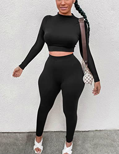 Mizoci Women's Workout 2 Piece Outfits Crop Top High Waisted Legging Pants Set Long Sleeve Track Suits Jumpsuit,Medium,Black