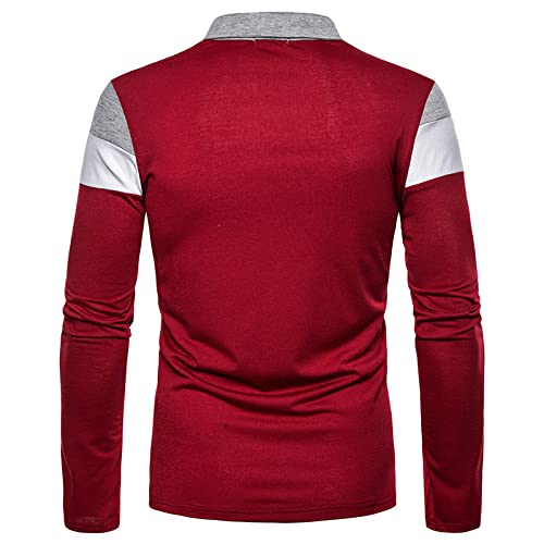 Aulemen Men's Fashion Polo Shirts Slim Casual Long Sleeve Classic Golf Shirts Color Block Tops Red Grey