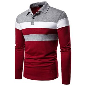 Aulemen Men's Fashion Polo Shirts Slim Casual Long Sleeve Classic Golf Shirts Color Block Tops Red Grey