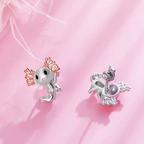 925 Sterling Silver Axolotl Earrings for Women - Axolotl Stud Earrings Animal Hypoallergenic Studs Mexican Salamander Earring, Cute Jewelry Birthday Presents for Daughter