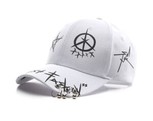 unisex graffiti white baseball cap, k-pop boys outdoor iron ring snapback hat，black hiphop hat, dad hat, trucker hat for men women