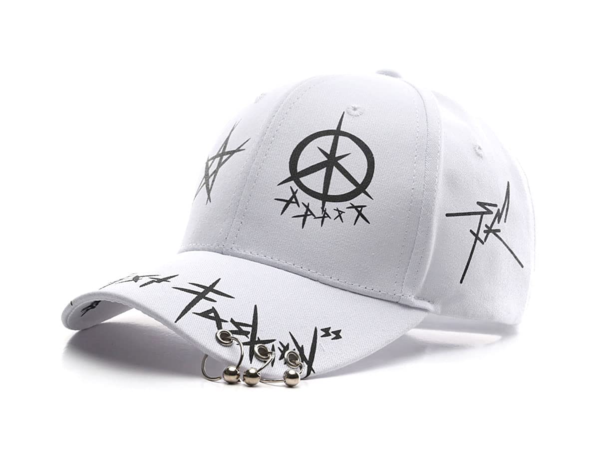 Unisex Graffiti White Baseball Cap, K-pop Boys Outdoor Iron Ring Snapback Hat，Black Hiphop Hat, Dad Hat, Trucker hat for Men Women