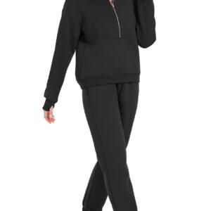 Flygo Womens Fleece 2 Piece Outfits Sweatsuit Half Zip Pullover Sweatshirt Joggers Pants Tracksuit Set (Black-M)