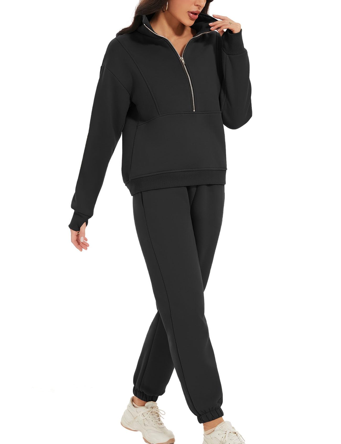 Flygo Womens Fleece 2 Piece Outfits Sweatsuit Half Zip Pullover Sweatshirt Joggers Pants Tracksuit Set (Black-M)