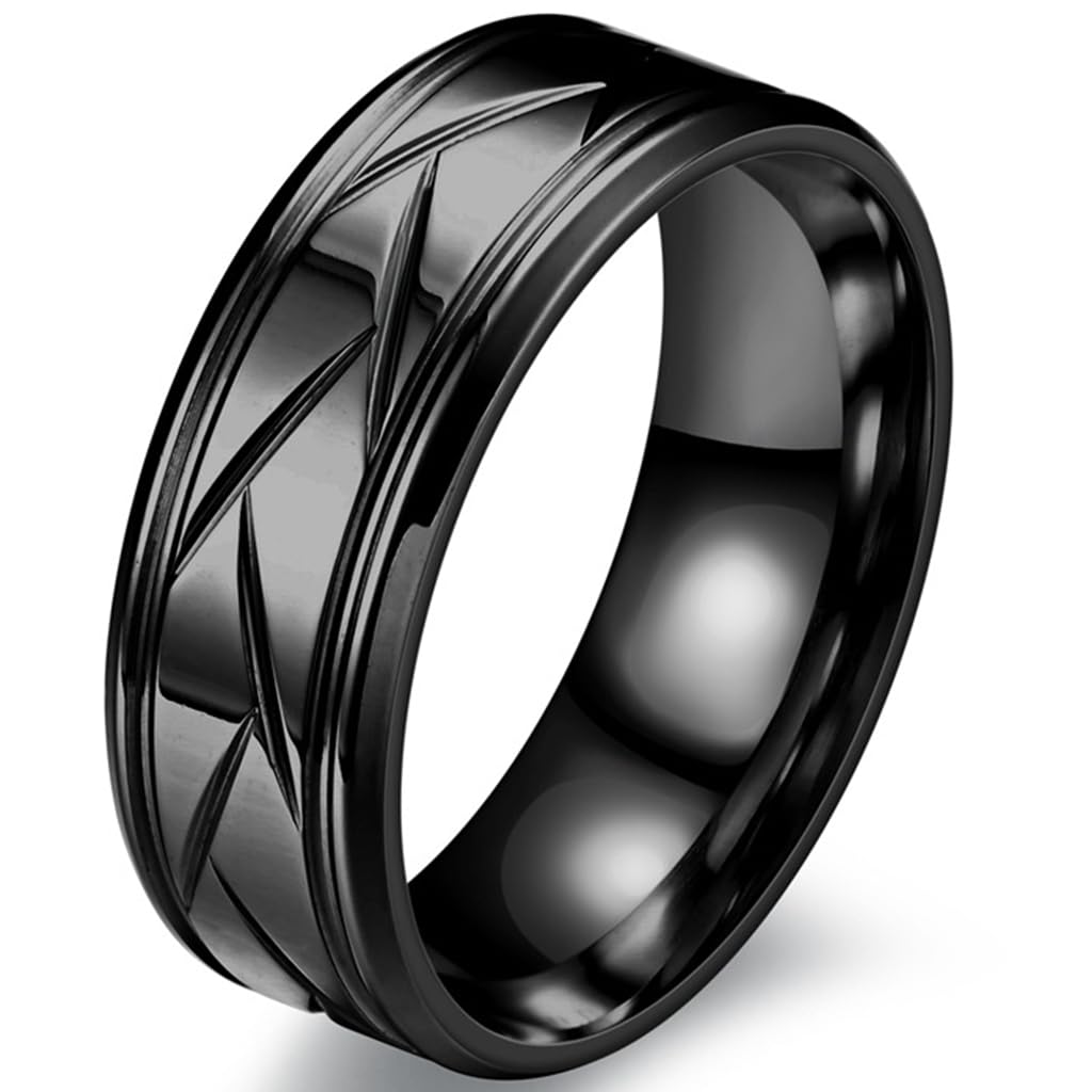 8mm Stainless Steel Matte Brushed Black Grooved Classic Plain Wedding Band Ring (Black, 12)