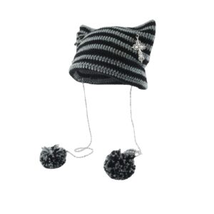 crochet hats for women vintage fox hat grunge goth beanies y2k accessories slouchy beanies (grey black)