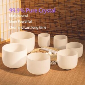 Hye-eun Crystal Singing Bowl Set of 7,7"-12" Frosted Quartz Meditation Chakra Sound Bowls with 2 Pcs Carrying Cases for Yoga Sound Healing