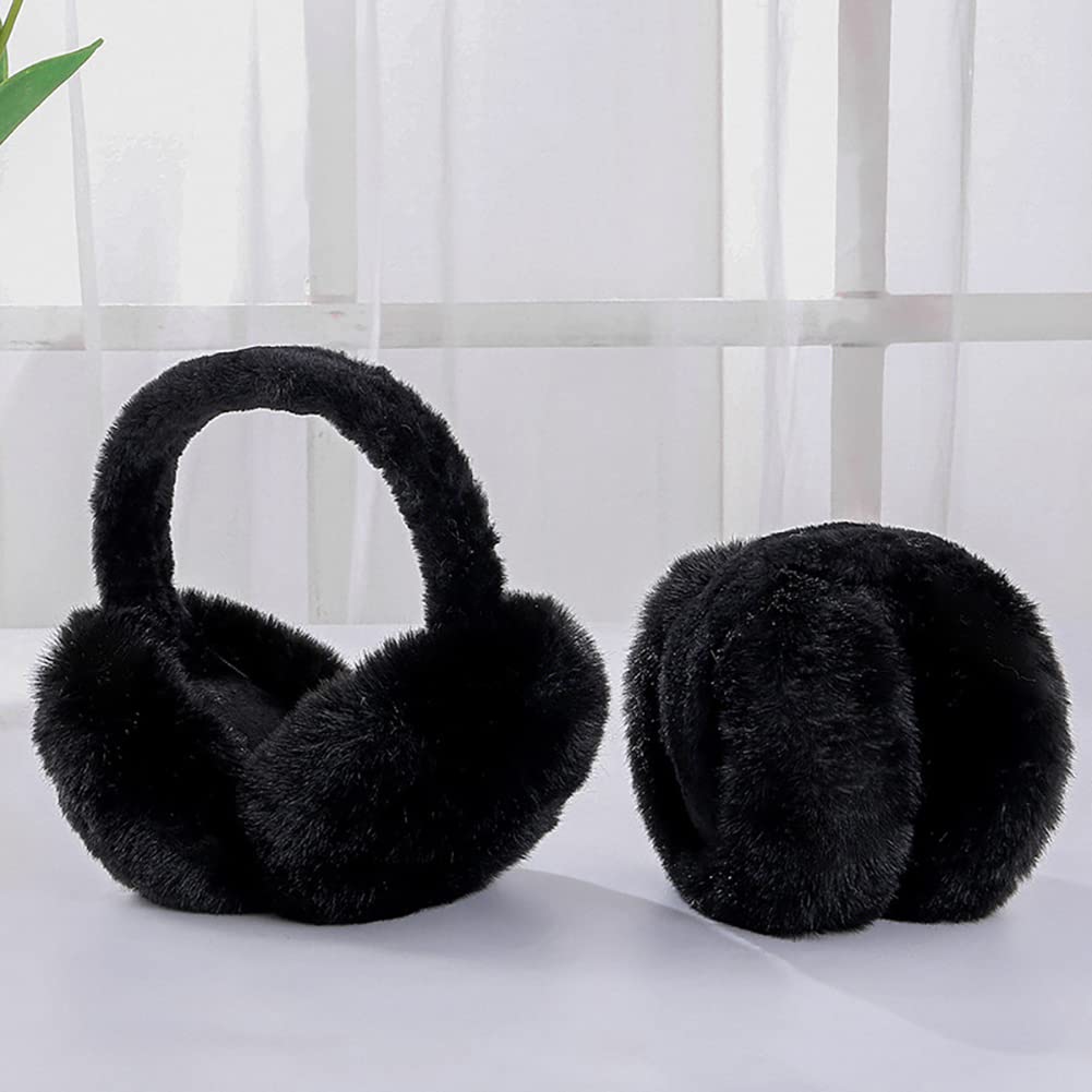 Surakey Girl Earmuffs Winter Foldable Adjustable Ear Covers Soft Plush Ear Muff Warmer Fleece Lining for Home Outdoor (Black)