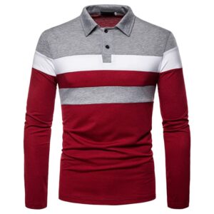 Aulemen Men's Fashion Polo Shirts Slim Casual Long Sleeve Classic Golf Shirts Color Block Tops Red Grey