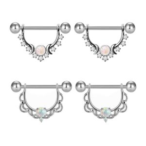 FLOGWE 14G 316L Opal Stars Moon Dangle Nipple Rings, Surgical Stainless Steel CZ Nipple Barbells Piercing Barbell for Women