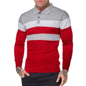 Aulemen Men's Fashion Polo Shirts Slim Casual Long Sleeve Classic Golf Shirts Color Block Tops Red Grey