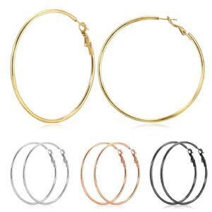 4 Pairs Fashion Big Hoop Earrings, Lightweight Large Hoop Earrings Hypoallergenic 14K Gold Plated Big Hoops for Women (50mm- 14K Gold, Rose Gold, Silver, Black)