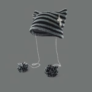 Crochet Hats for Women Vintage Fox Hat Grunge Goth Beanies Y2K Accessories Slouchy Beanies (Grey Black)