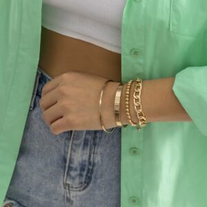 Sither 4 Pcs Gold Chain Bracelet Set for Women Link Beads Bracelet Pack Chunky Punk Gold Chain Bracelets Jewelry for Halloween Christmas Gift