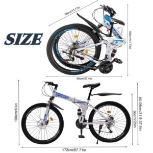 LENJKYYO 26in Folding Mountain Bike, 21-Speed High Carbon Steel MTB, Full-Suspension Outdoor Bicycle for Adult, 2-Disc Brake Outroad Bike w/Folding Clip & Lockable Fork