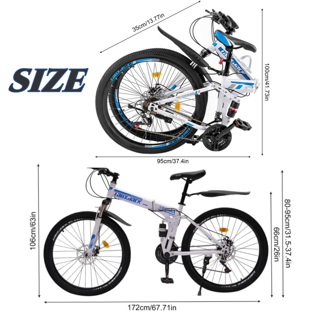 LENJKYYO 26in Folding Mountain Bike, 21-Speed High Carbon Steel MTB, Full-Suspension Outdoor Bicycle for Adult, 2-Disc Brake Outroad Bike w/Folding Clip & Lockable Fork