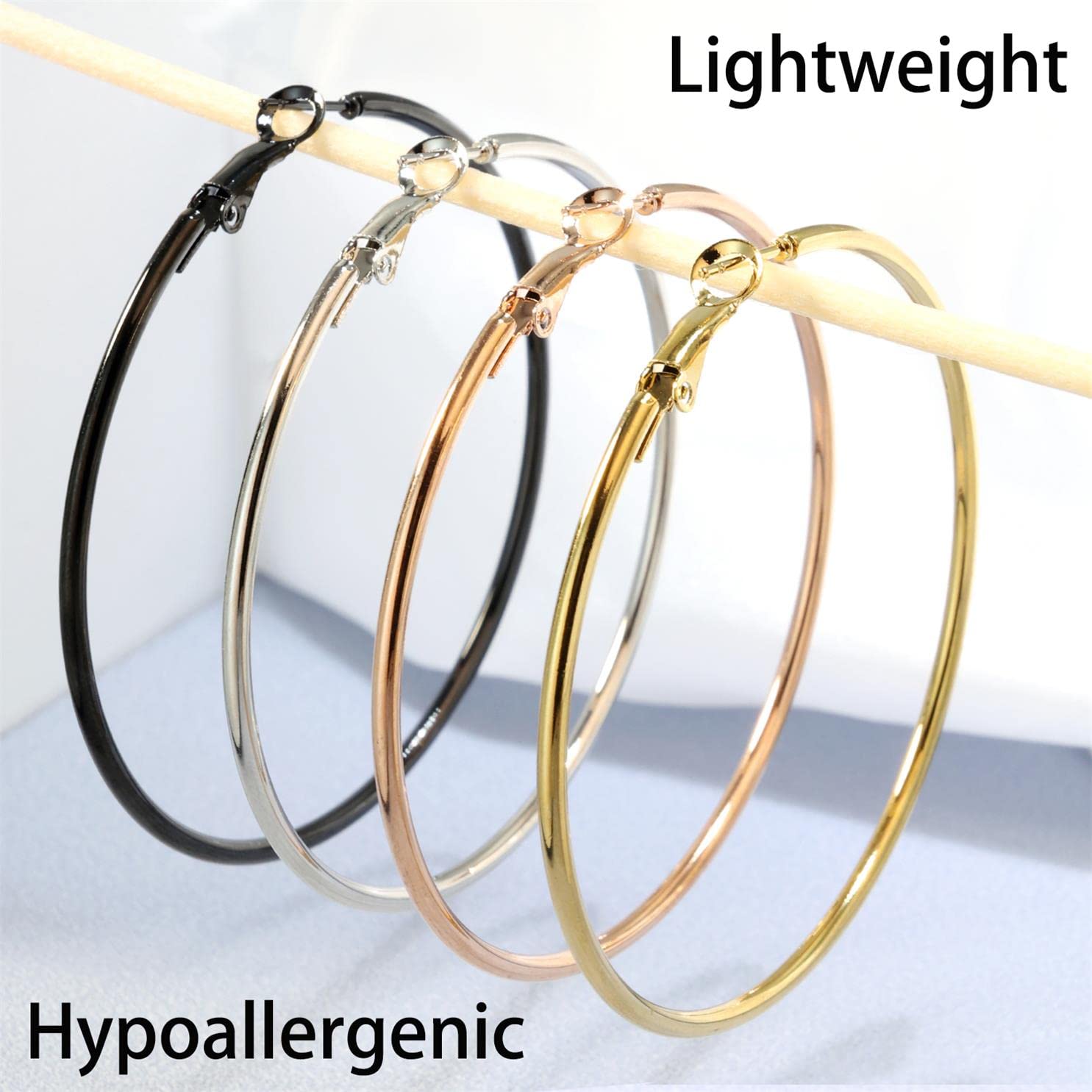 4 Pairs Fashion Big Hoop Earrings, Lightweight Large Hoop Earrings Hypoallergenic 14K Gold Plated Big Hoops for Women (50mm- 14K Gold, Rose Gold, Silver, Black)