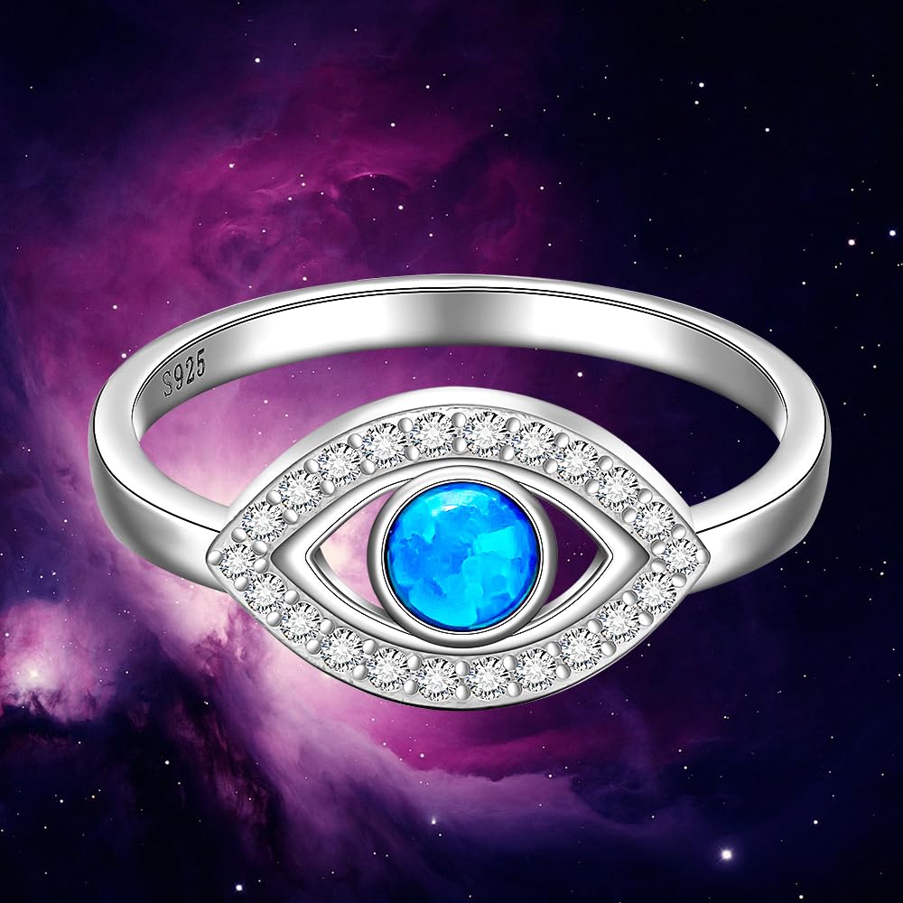 Sterling Silver Evil Eye Ring Opal Ring Blue Evil Eye Rings for Women Mal De Ojo Nazar Turkish Sapphire Greek Jewelry Size 9