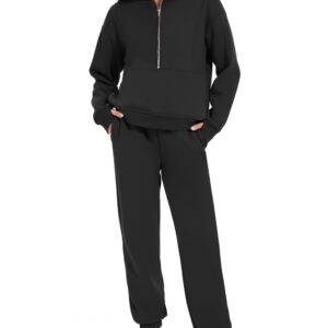 Flygo Womens Fleece 2 Piece Outfits Sweatsuit Half Zip Pullover Sweatshirt Joggers Pants Tracksuit Set (Black-M)