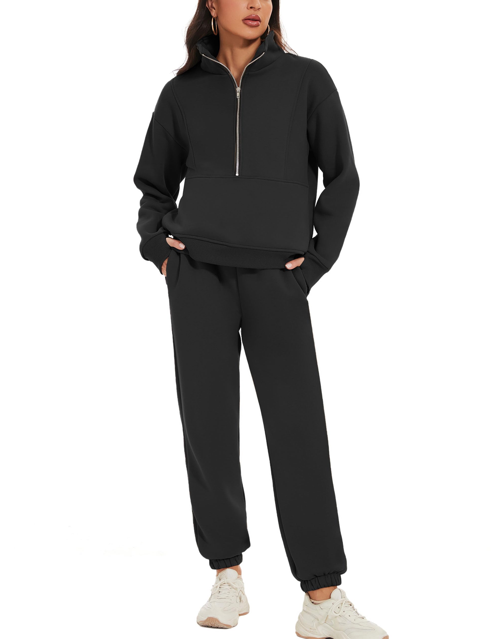 Flygo Womens Fleece 2 Piece Outfits Sweatsuit Half Zip Pullover Sweatshirt Joggers Pants Tracksuit Set (Black-M)