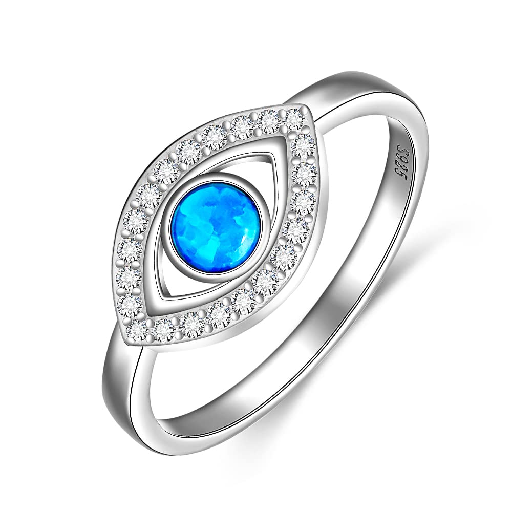 Sterling Silver Evil Eye Ring Opal Ring Blue Evil Eye Rings for Women Mal De Ojo Nazar Turkish Sapphire Greek Jewelry Size 9