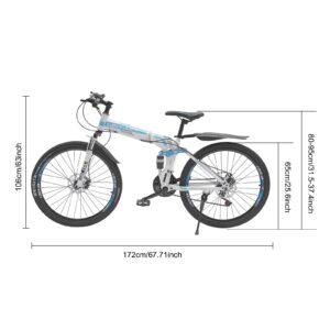 DNYSYSJ Folding Mountain Bike, 26 inch Adult Bicycle with 21 Speeds Drivetrain, MTB Bicycle Mountain Bicycle with Dual Disc-Brake, High Carbon Steel Frame, Lightweight, Blue and White USA Stock