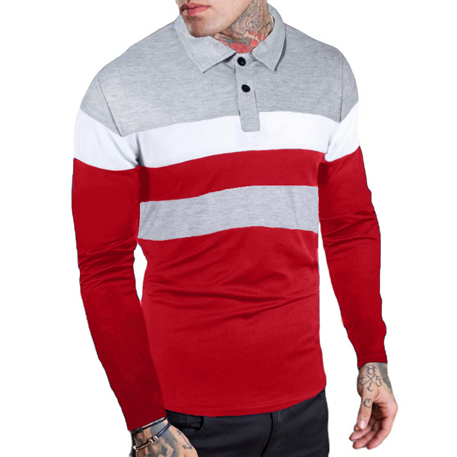 Aulemen Men's Fashion Polo Shirts Slim Casual Long Sleeve Classic Golf Shirts Color Block Tops Red Grey