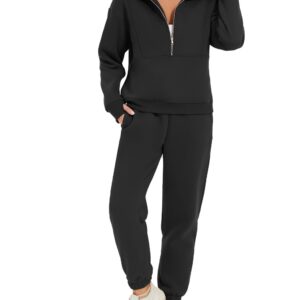 Flygo Womens Fleece 2 Piece Outfits Sweatsuit Half Zip Pullover Sweatshirt Joggers Pants Tracksuit Set (Black-M)