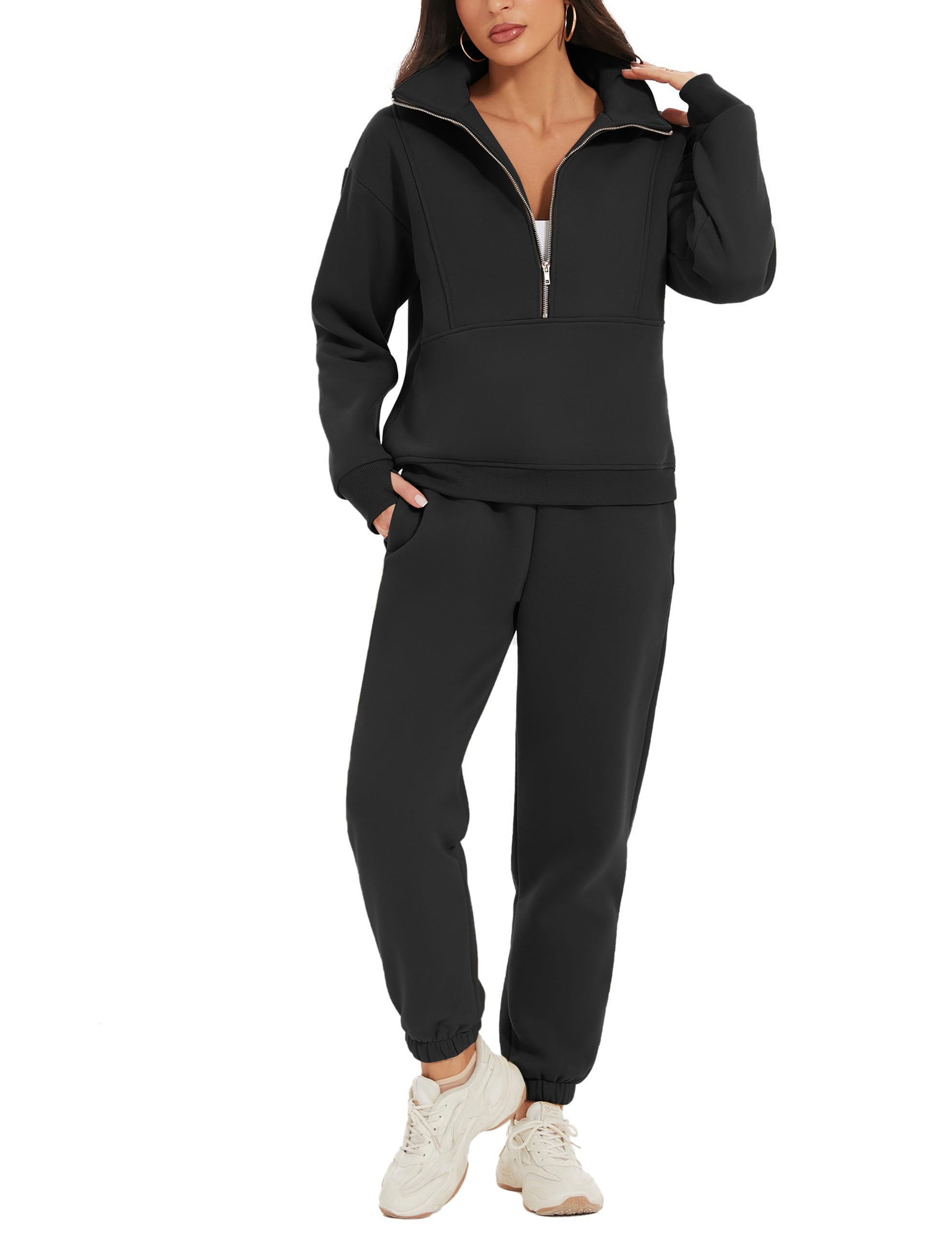 Flygo Womens Fleece 2 Piece Outfits Sweatsuit Half Zip Pullover Sweatshirt Joggers Pants Tracksuit Set (Black-M)