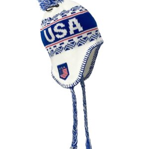 USA Winter Hat, White Knit Beanie Snow Winter Hat Ski Cap with Pom, USA Hat with Ear Flaps and Fleece Lining