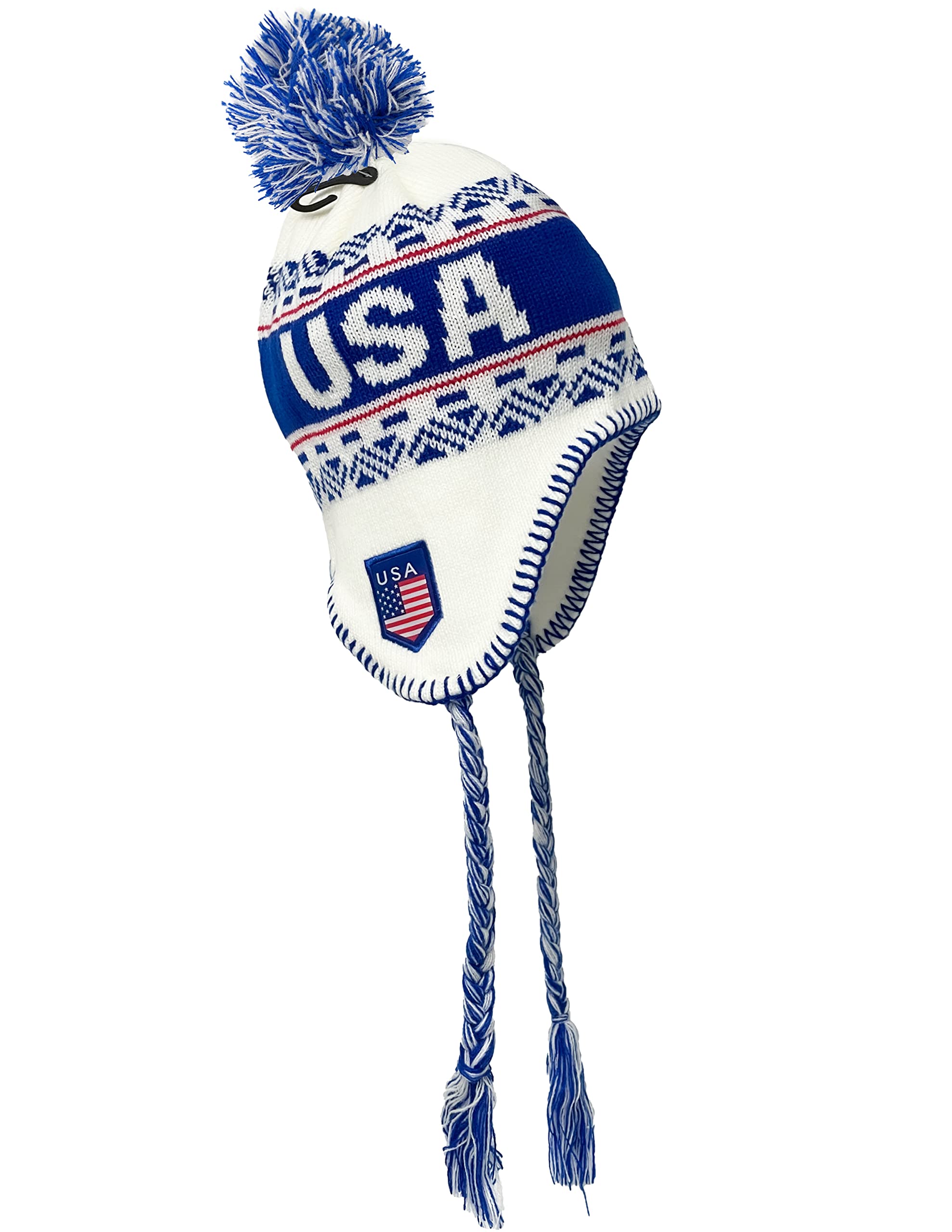 USA Winter Hat, White Knit Beanie Snow Winter Hat Ski Cap with Pom, USA Hat with Ear Flaps and Fleece Lining