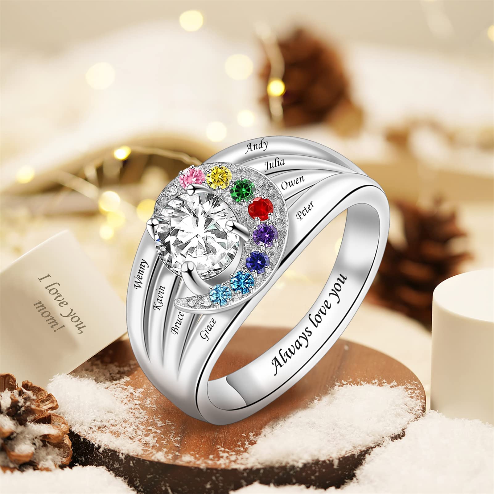 BAUMA AUTO Personalized Mothers Rings with Birthstones Custom Name Rings for Women Birthstone Family Rings for Mom Grandma Wife