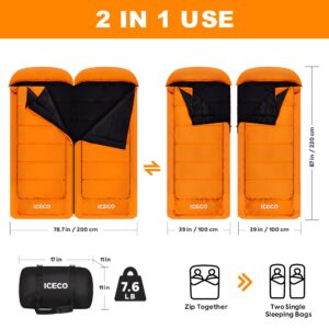 ICECO Double Sleeping Bags for Adults, Cold Weather Sleeping Bag, Big and Tall 2 Person Sleeping Bag Extra Large for All Season Winter Camping, Fishing and Hunting,with Removable Layer