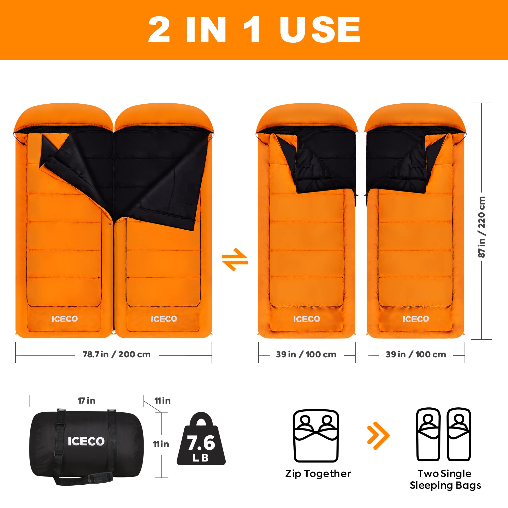 ICECO Double Sleeping Bags for Adults, Cold Weather Sleeping Bag, Big and Tall 2 Person Sleeping Bag Extra Large for All Season Winter Camping, Fishing and Hunting,with Removable Layer