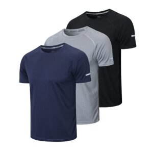 frueo men's 3 pack workout shirts dry fit moisture wicking short sleeve mesh athletic t-shirts,black gray navy, 5xl